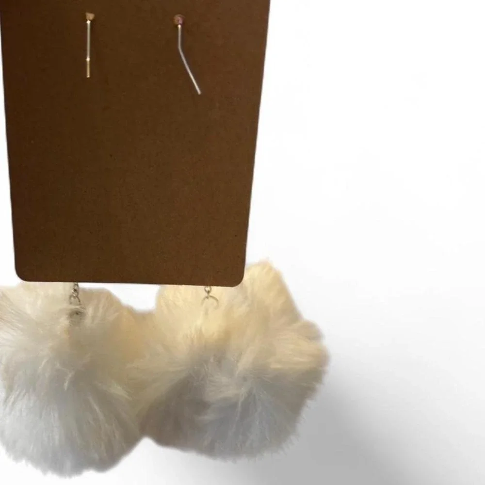 White Faux Fur Pom‎ Pom Dangle Earrings